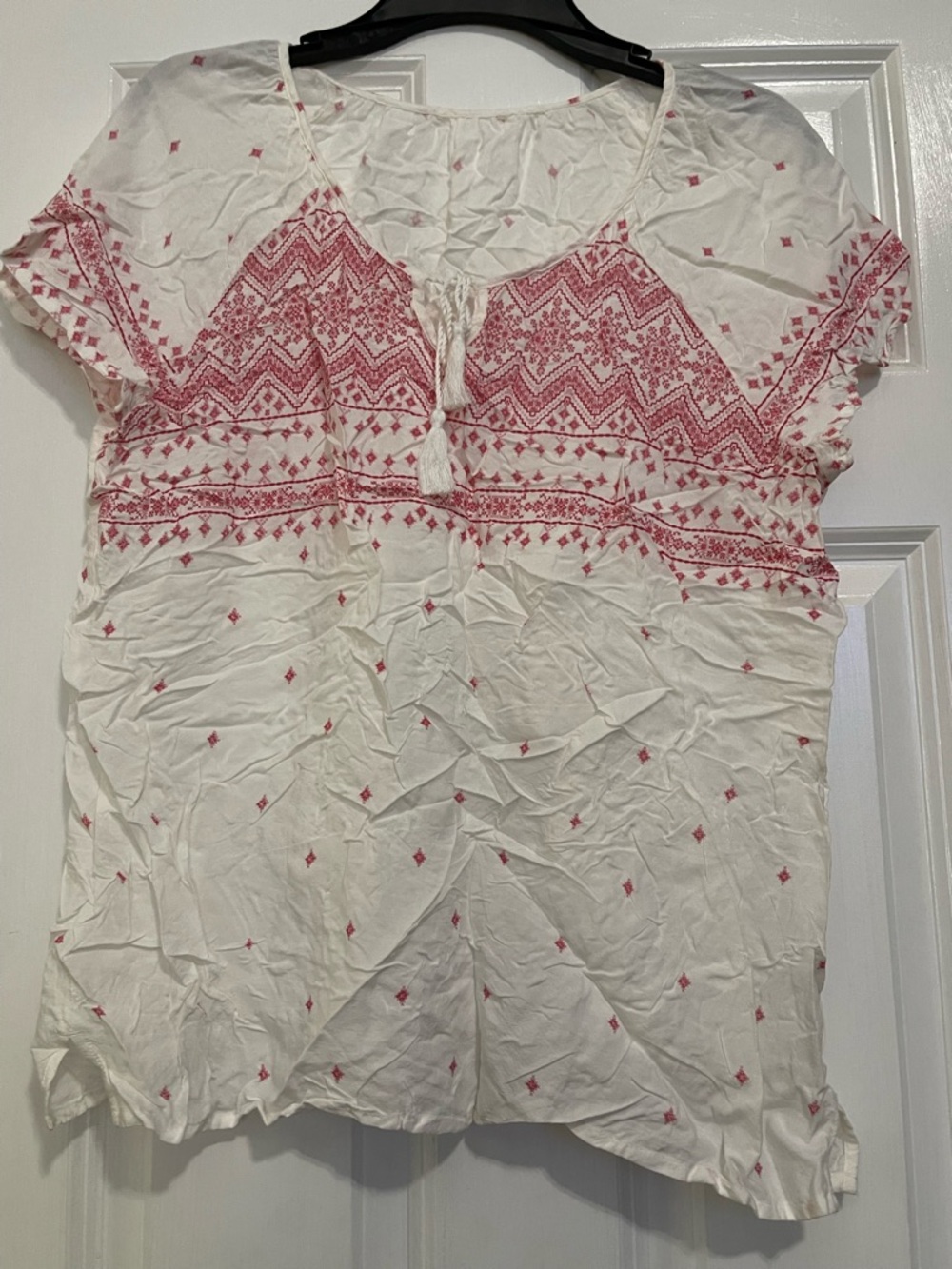 Source Unknown White Blouse with Red Geometric Embroidery